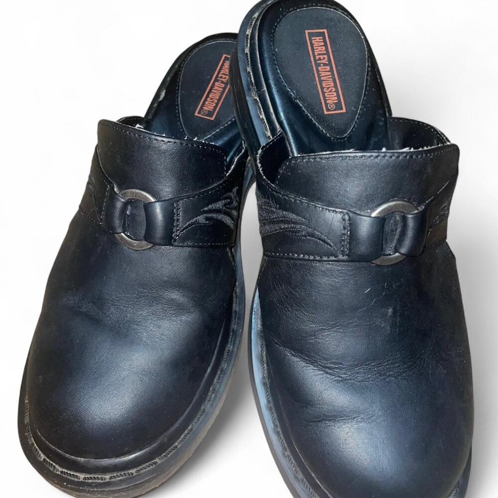 Vintage black leather Harley Davidson clogs/mules